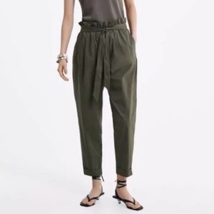 Zara Basic Tie Waist Ankle Cropped Paperbag Pants